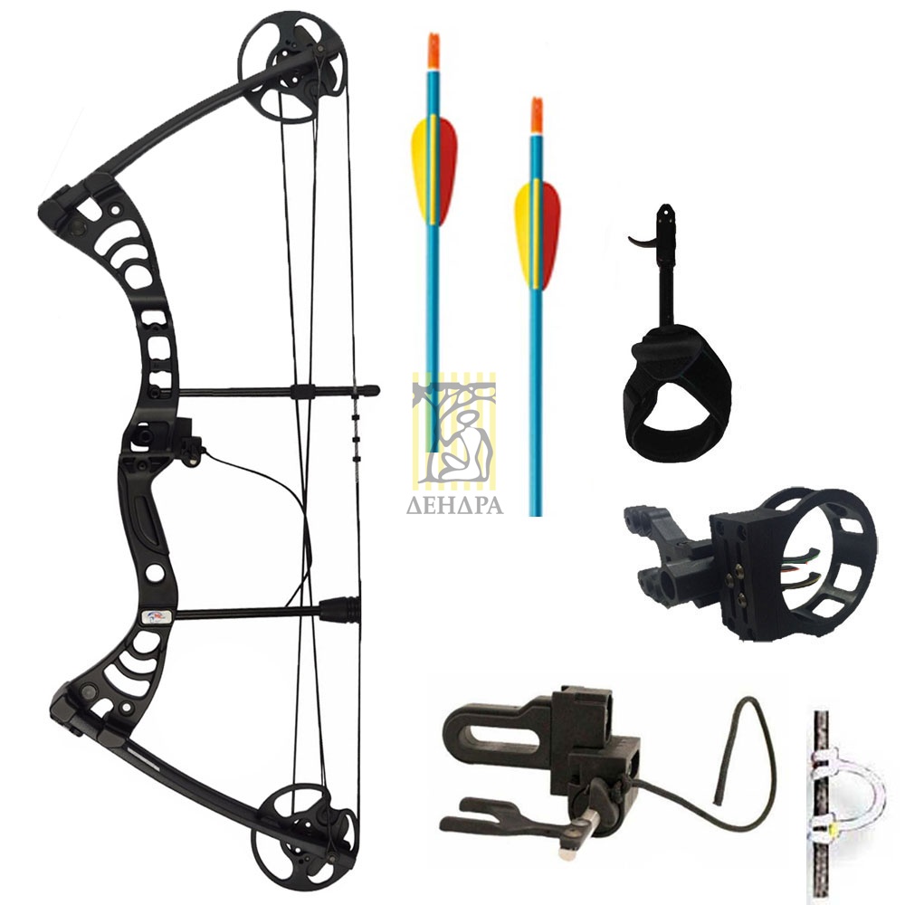 Лук блочный, сила 55 Lbs, с комплектом аксессуаров: 2 алюминиевые стрелы, прицел, полочка, релиз, пе