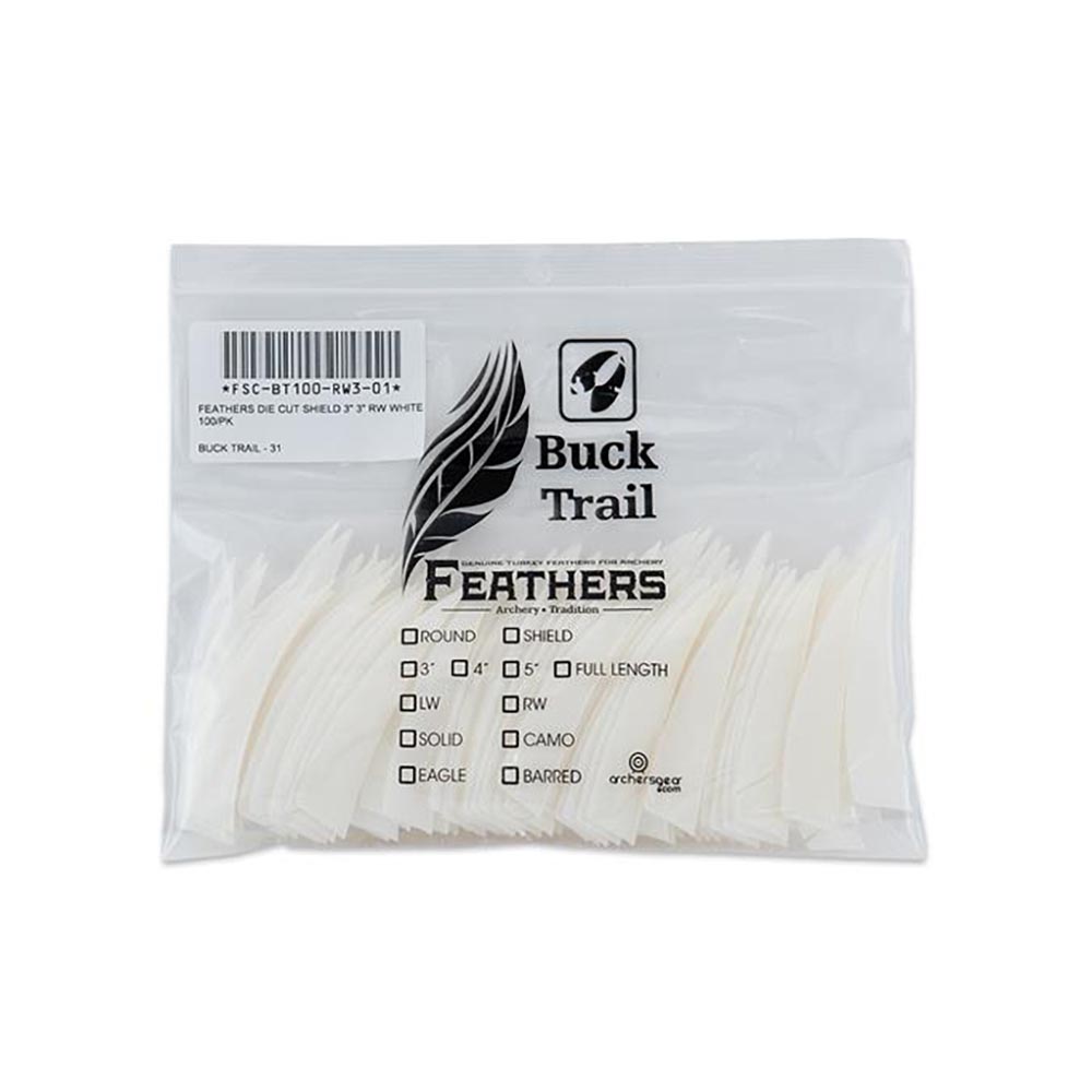 Оперение для стрел Buck Trail, форма Shield, размер 3", цвет белый, 100 шт/уп