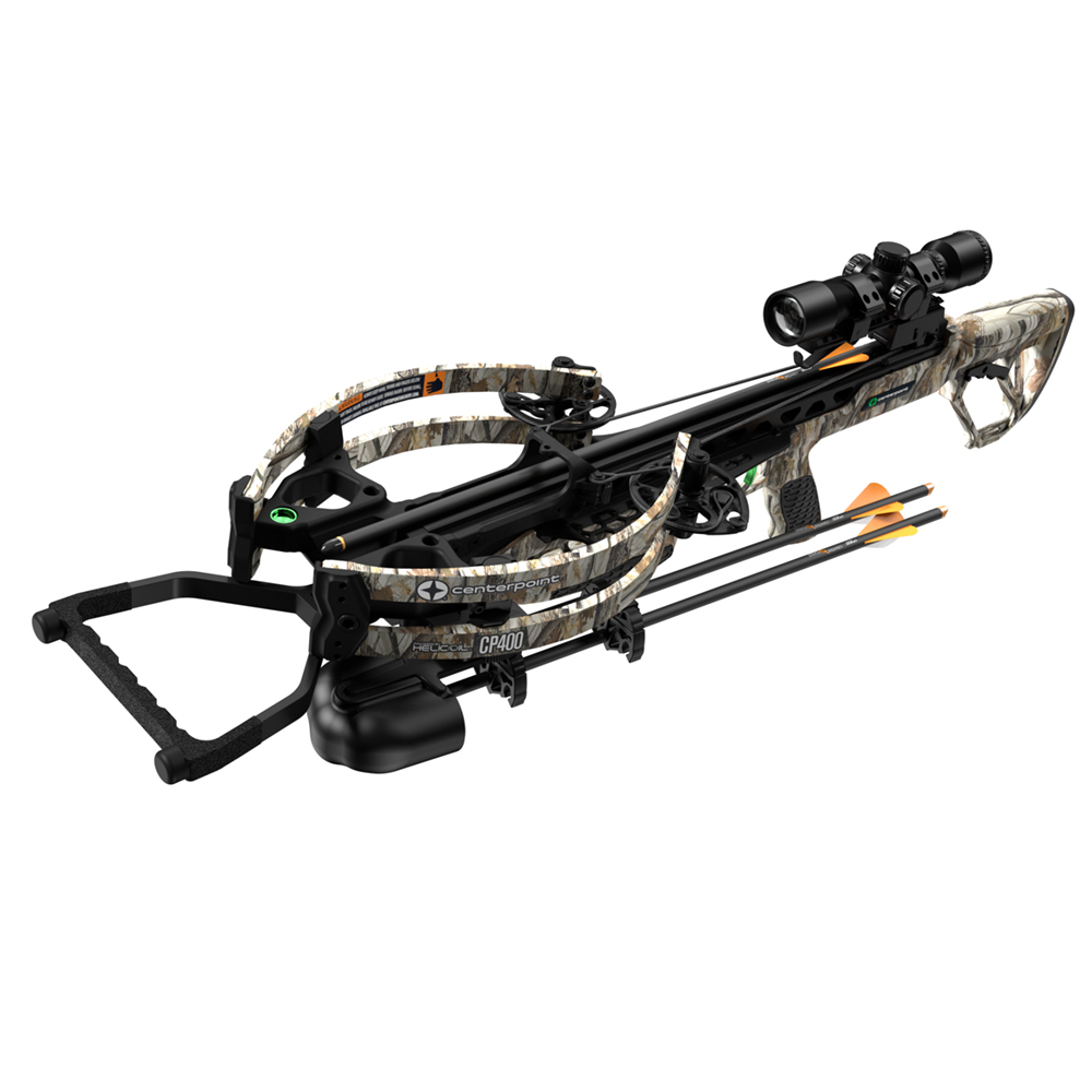 Блочный арбалет CENTER POINT CP400, технология HeliCoil, от оси до оси 10,5", (во взвед. состоянии 6"), скорость 123 м/с, 400 ф/с, ориг. натяжение 200 фунтов (90 кг), в полной комплектации