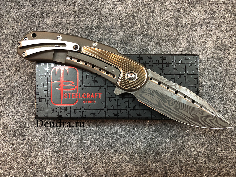 Нож Bodega,сталь Damasteel, длина клинка 3.875″, рукоять титан, золото с бронзой и серебром, дол