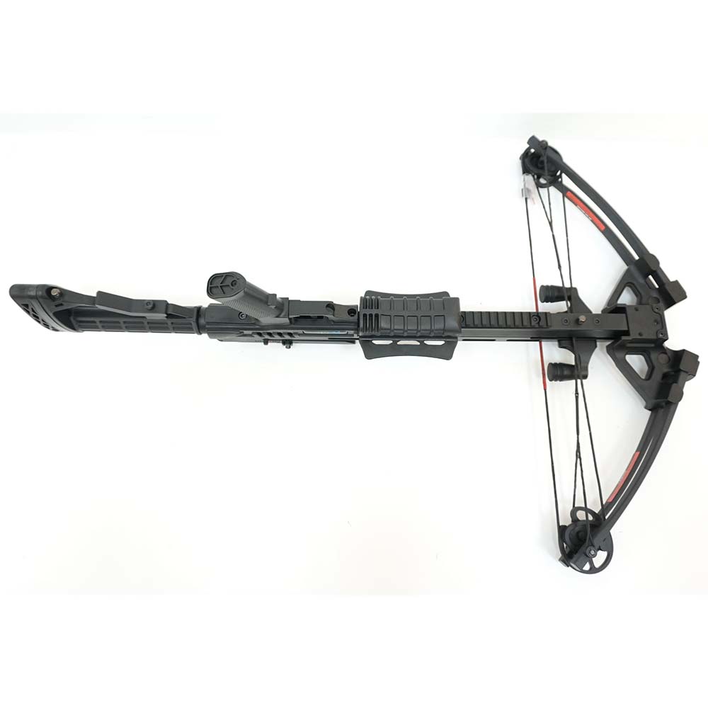 Арбалет блочный с защитой от холостого выстрела, начальная скорость 370 фут/сек, расстояние между осями 21,5", длина натяжения 14", сила 95 Lbs, цвет черный, в комплекте воск, 4 стрелы, прицел, натяжитель