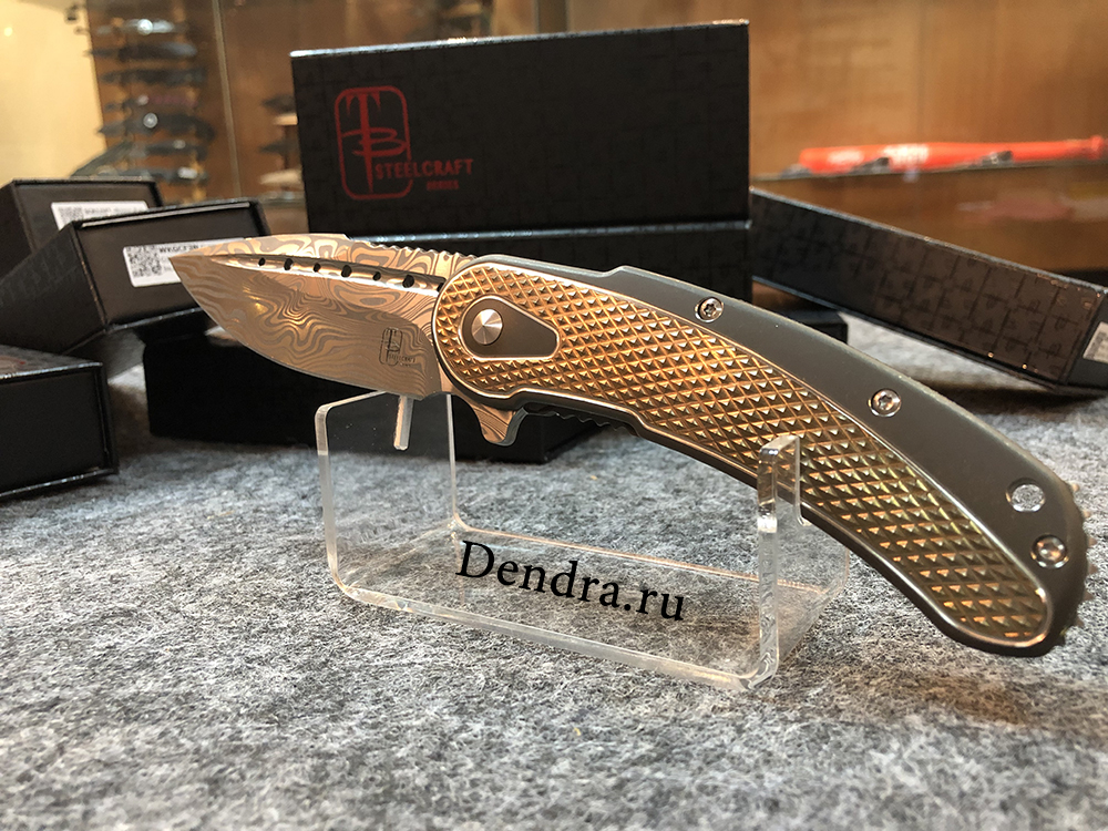 Нож Bodega, сталь Damasteel, длина клинка 3.875″, рукоять титан, золото с бронзой и серебром, дол