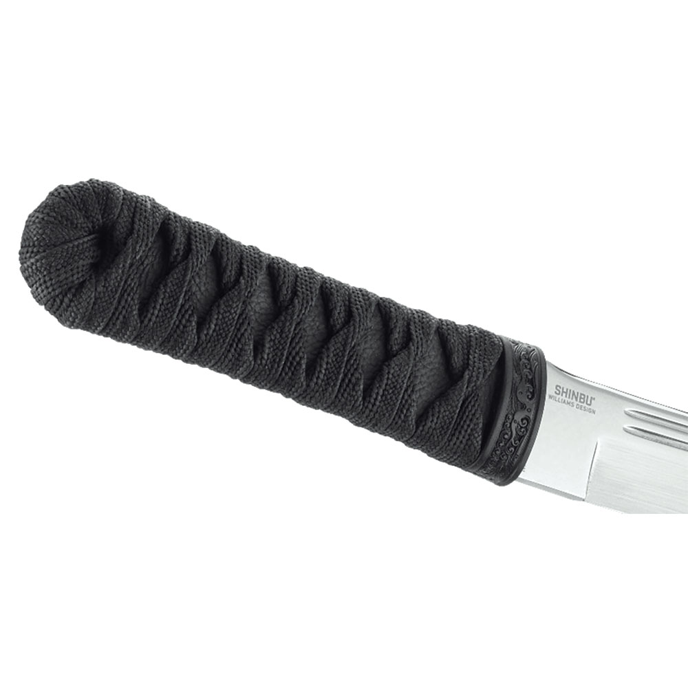 Нож "Shinbu", фиксированный матовый клинок, рукоять черная шнуровка, ножны кайдекс
