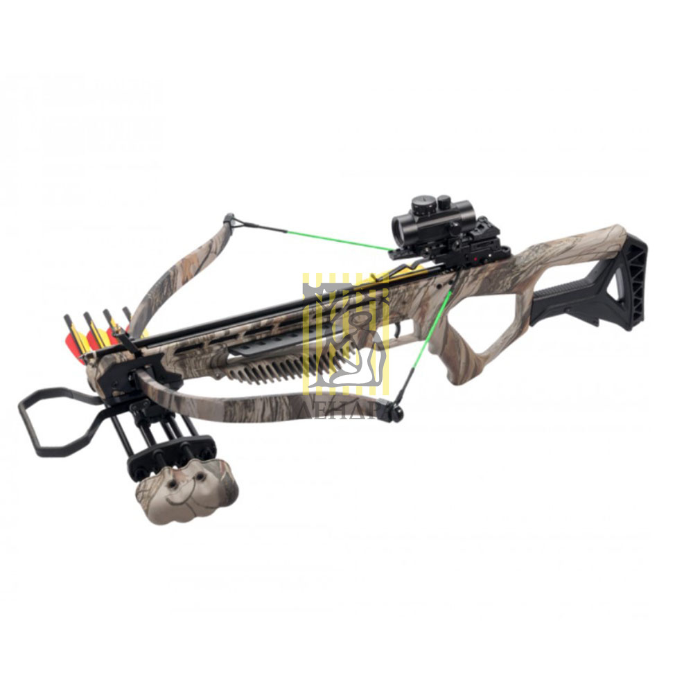 Арбалет рекурсивный, начальная скорость 260 фут/сек, размах плечей 27,5", длина натяжения 12", сила 