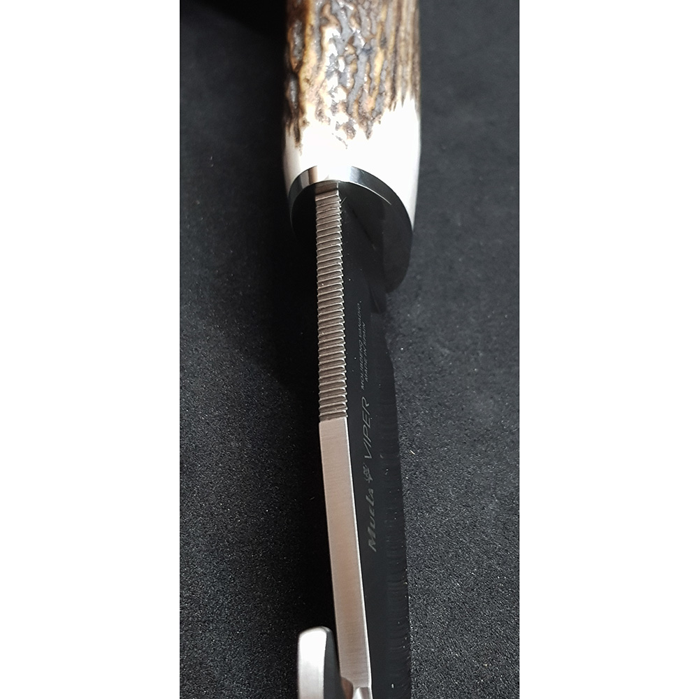 Нож-скиннер "VIPER", клинок 11 см крюк, рукоять рог оленя с кроной, ножны кожа