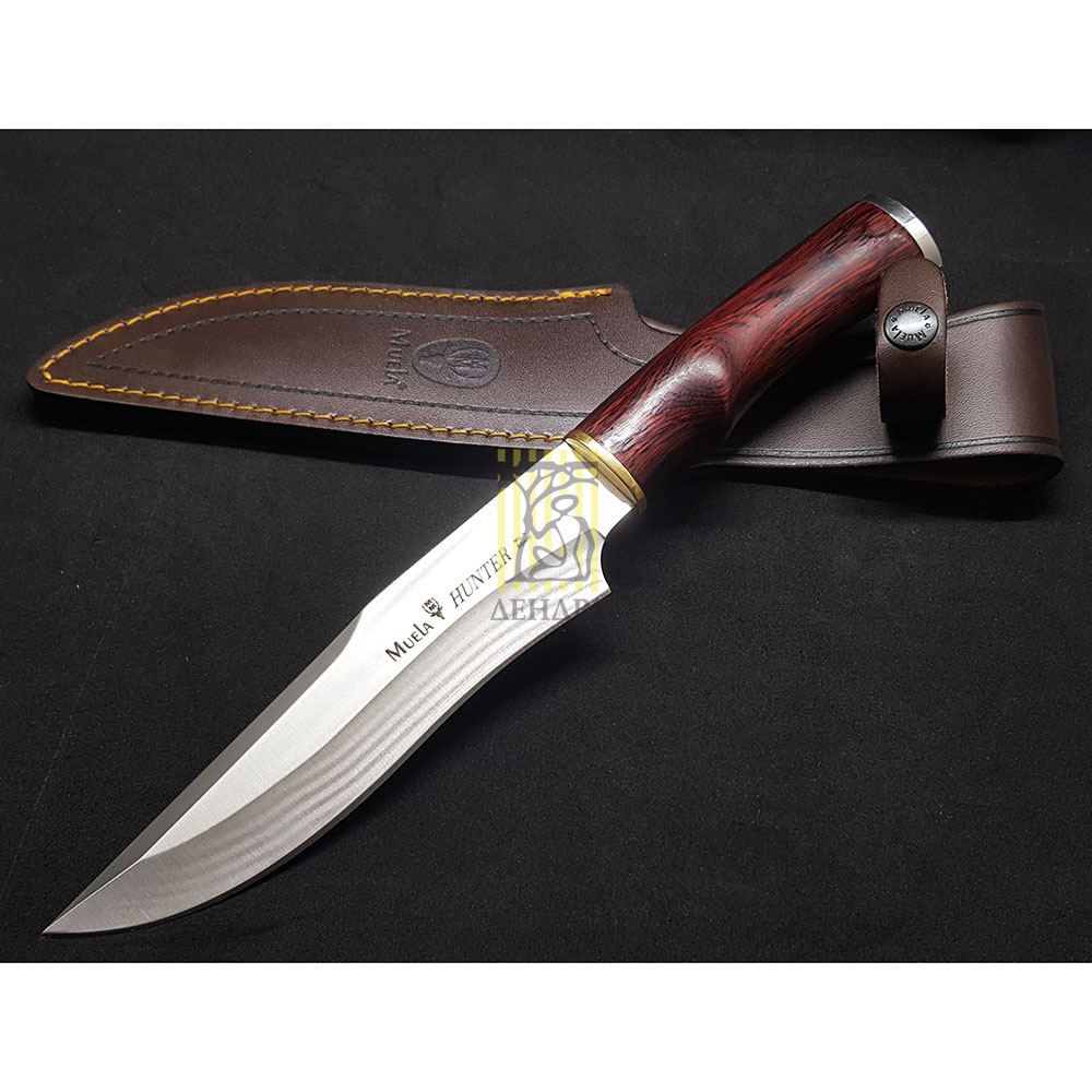 Нож "HUNTER" с фикс клинком длиной 17 см, рукоять красная микарта, ножны кожа