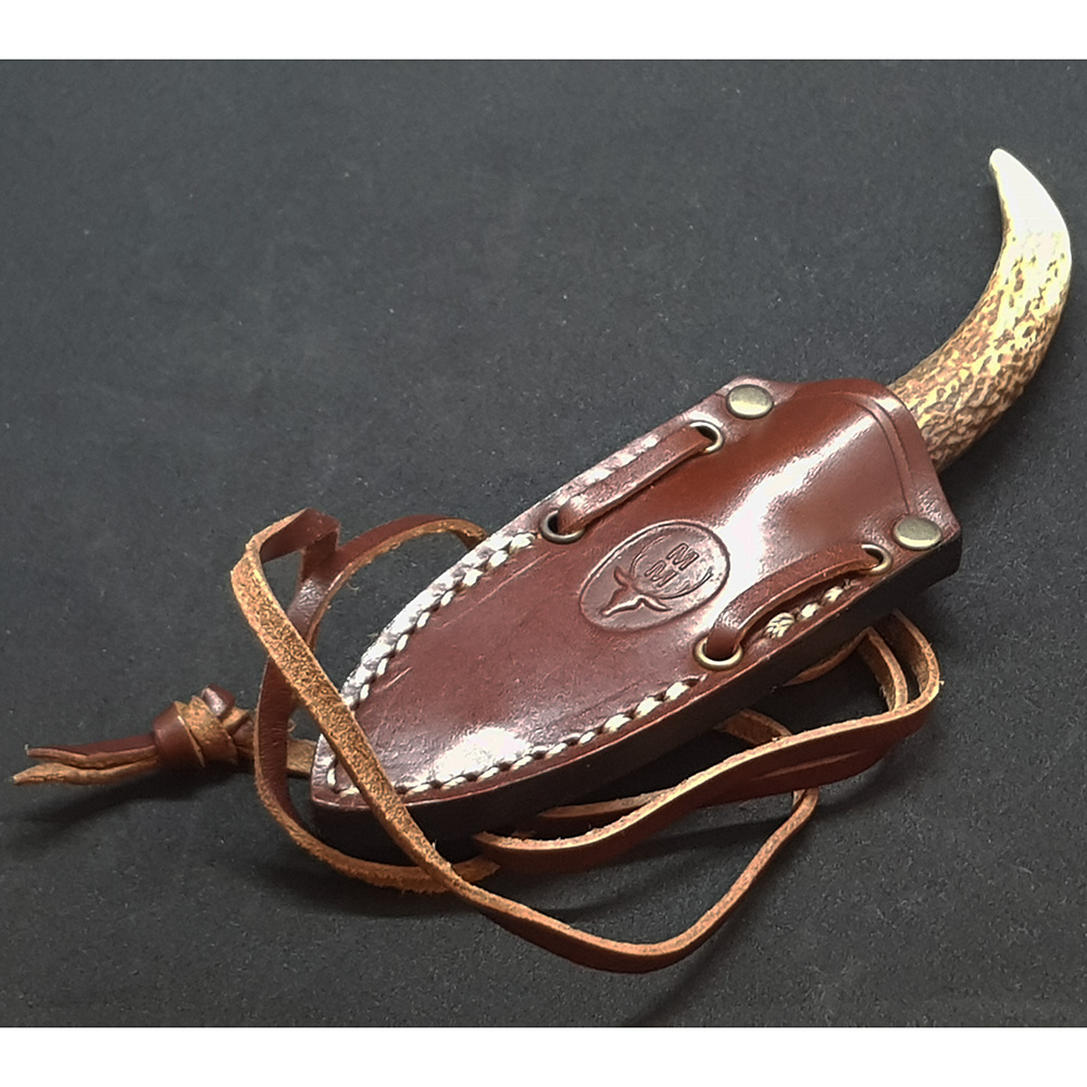 Нож "BOWIE" с фикс клинком длиной 6 см, рукоять рог оленя, ножны кожа