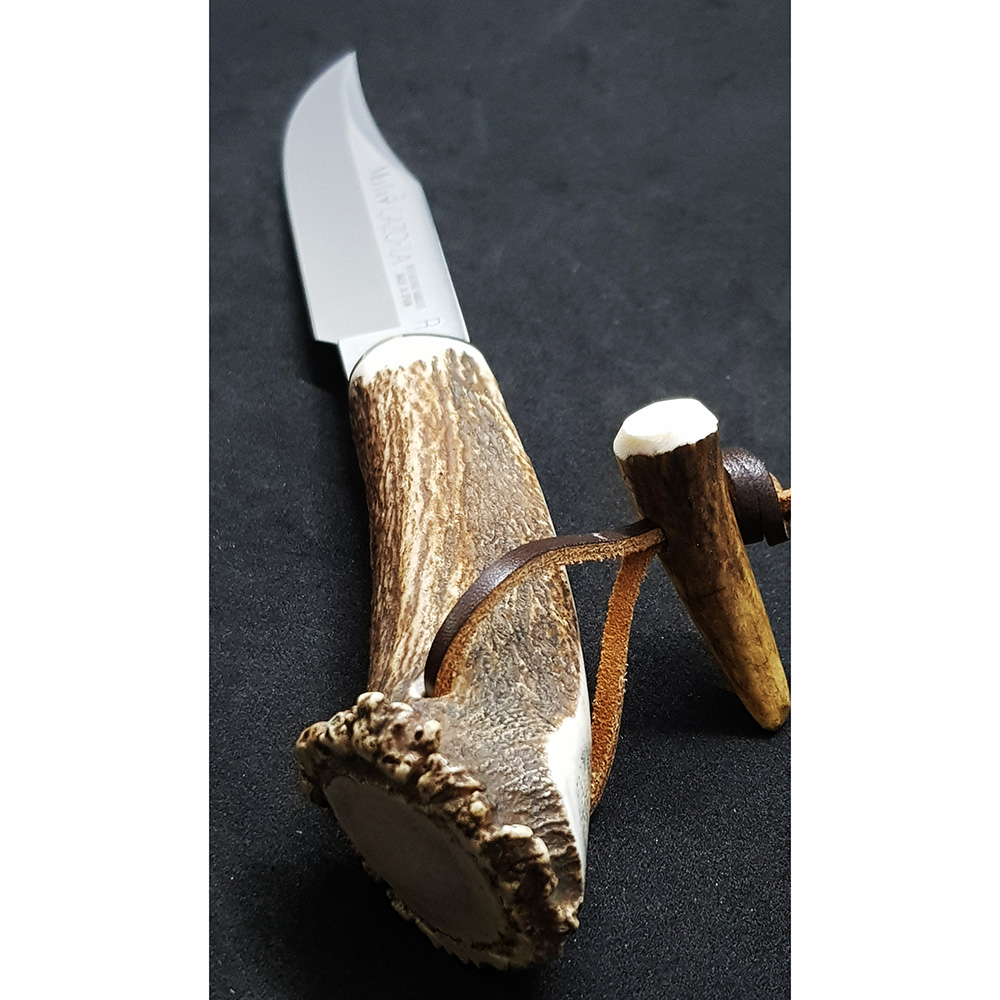 Нож "CAZ" с фикс клинком длиной 16 см, рукоять рог оленя с кроной, ножны кожа