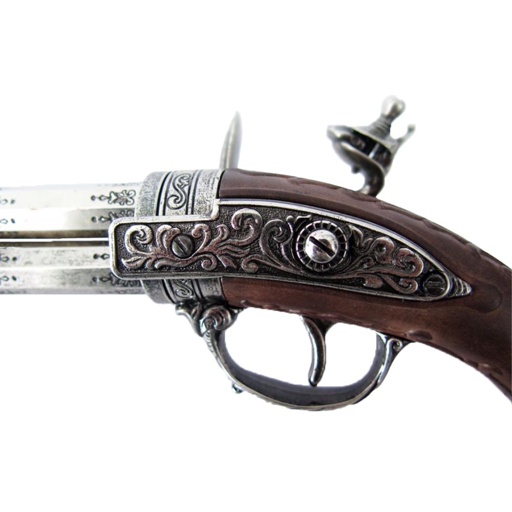 Пистолет кремневый двуствольный, репродукция с кремневым замком, из дерева и металла с имитацией гра