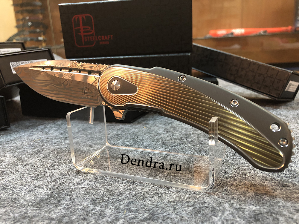 Нож Bodega,сталь Damasteel, длина клинка 3.875″, рукоять титан, золото с бронзой и серебром, дол