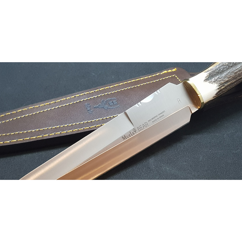 Нож "BEAR" с фикс клинком длиной 24 см, рукоять рог оленя с кроной, ножны кожа