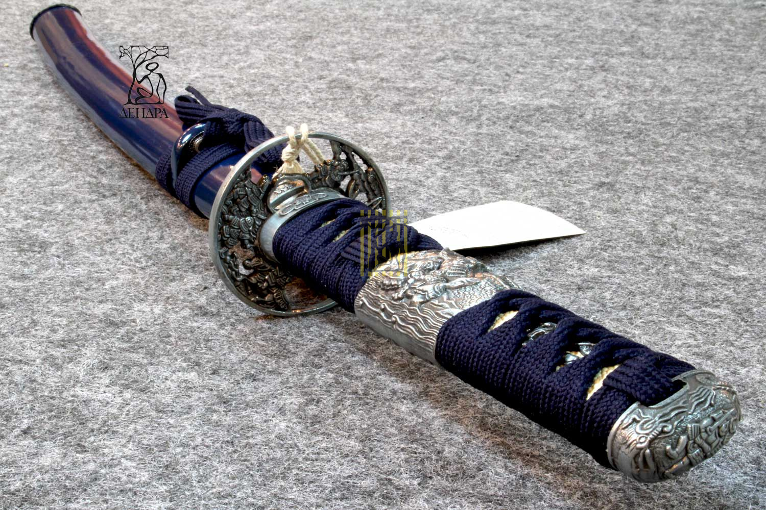Вакидзаси, клинок 440 сталь, ножны деревянные синие, цуба под серебр