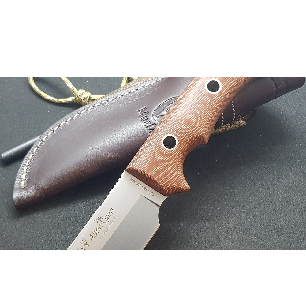 Нож "ABORIGEN" с фикс клинком длиной 12 см, рукоять бежевая микарта (canvas-micarta), ножны кожа