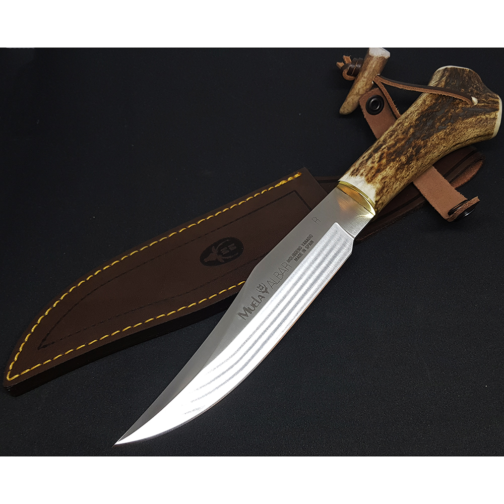 Нож "ALBAR" с фикс клинком длиной 18 см, рукоять рог оленя, ножны кожа
