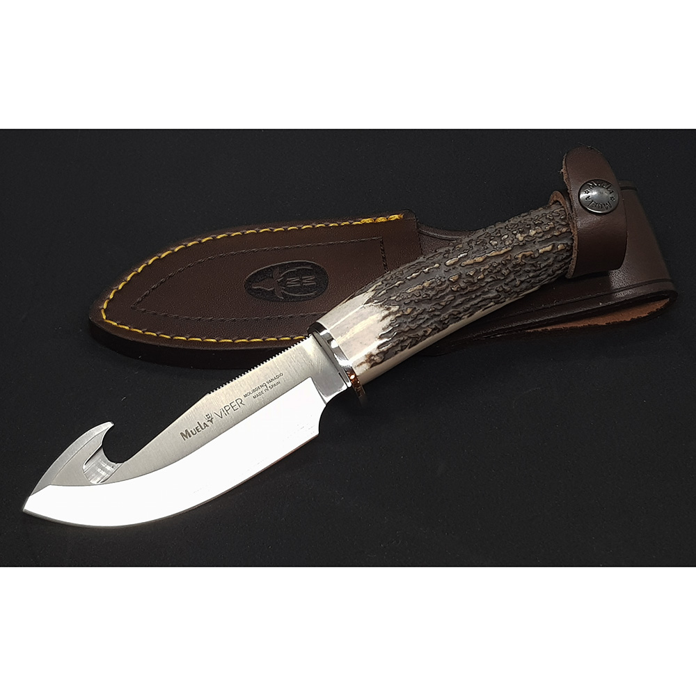 Нож-скиннер "VIPER", клинок 11 см крюк, рукоять рог оленя, ножны кожа