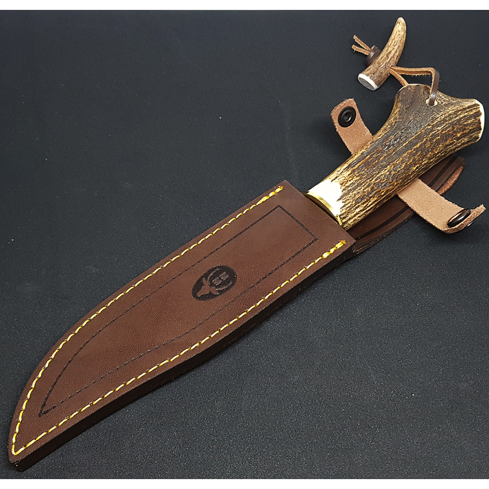 Нож "ALBAR" с фикс клинком длиной 18 см, рукоять рог оленя, ножны кожа