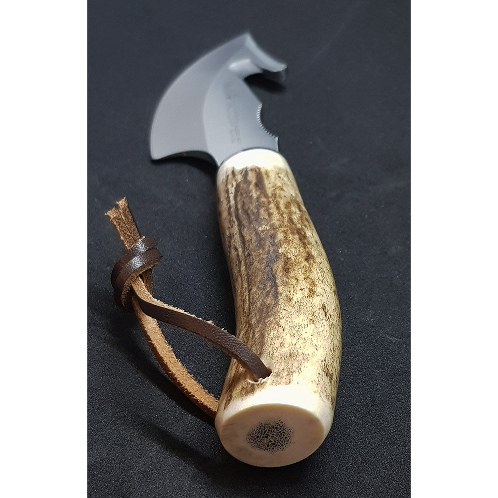 Нож-скиннер "RACOON", клинок 8 см крюк, рукоять рог оленя, ножны кожа