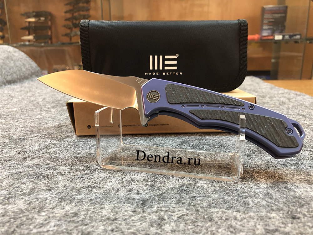 Нож складной, сталь M390, длина клинка 87,2 мм, рукоять титан/карбон файбер, цвет синий с серым, кли