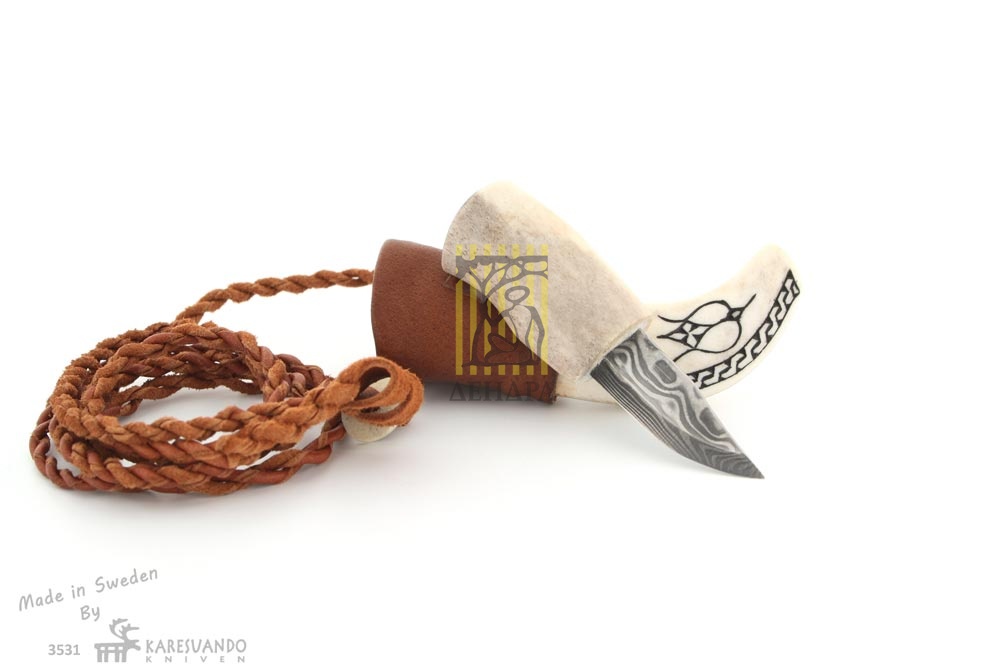 Нож "Pendantknife" сувенирный, клинок 3 см, дамасская сталь, рукоять рог оленя, кожаная шнуровка