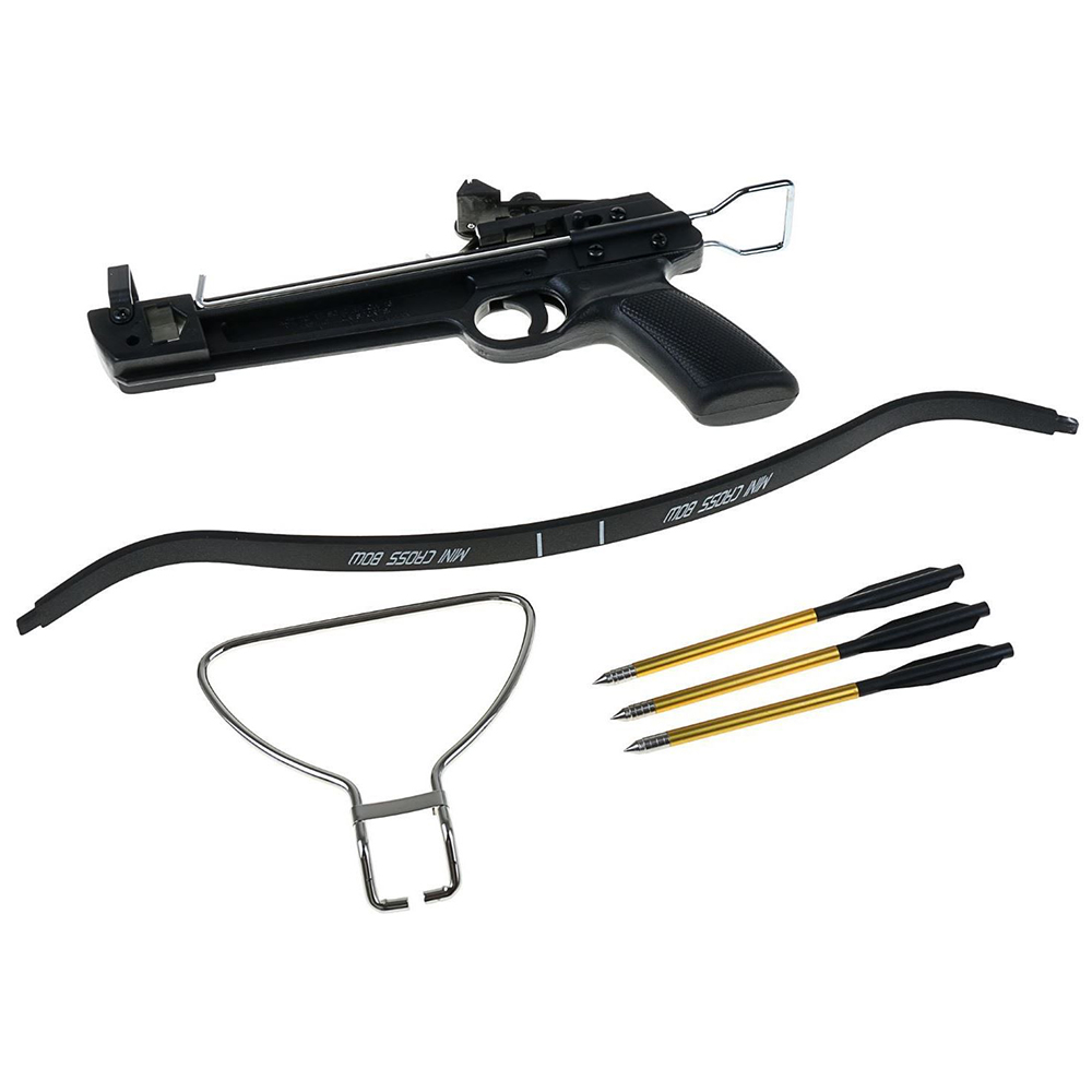 Арбалет-пистолет силой 80 lbs, приклад и ствол пластик, без упора, 3 алюминиевые стрелы в комплекте,