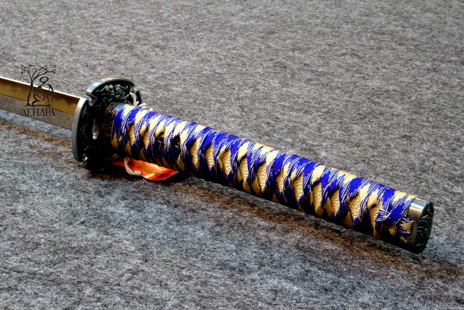 Катана, цвет серо-голубой, рукоять плетёная, ножны плетёные, латунь