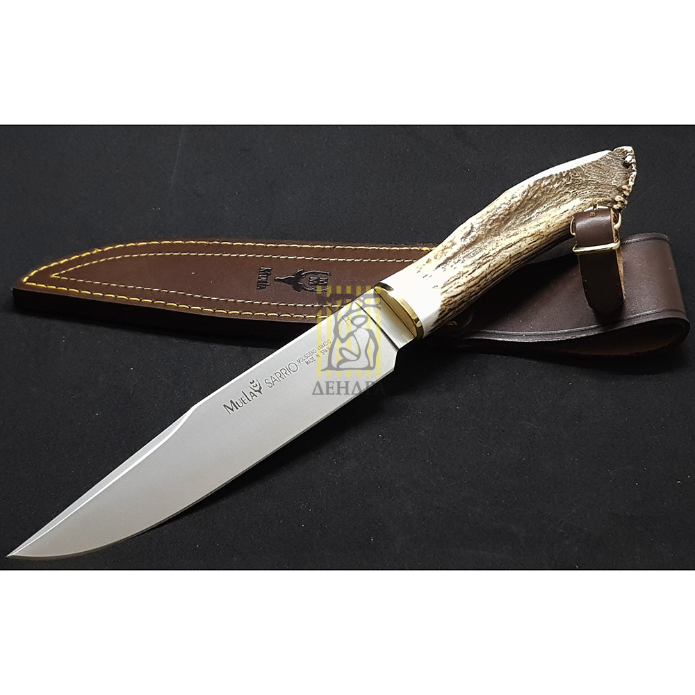 Нож "SARRIO" с фикс клинком длиной 19 см, рукоять рог оленя с кроной, ножны кожа