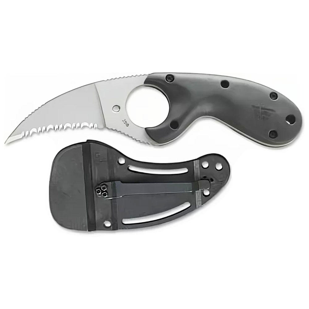 Нож Медвежий Коготь - закругл матовый клинок, зубцы, сталь AUS4, рук. черн.зитель, пласт.ножны, шнур