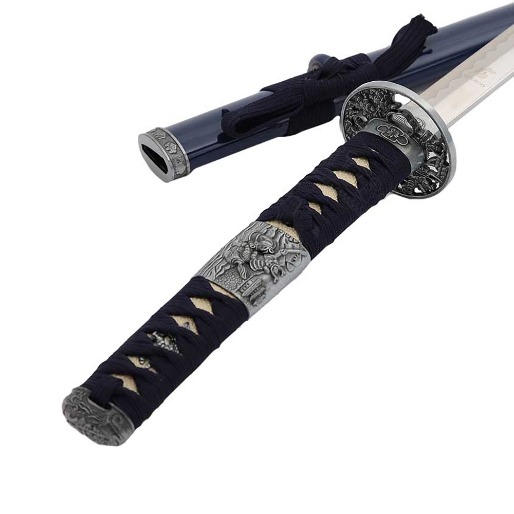 Катана, клинок 440 сталь, ножны деревянные синие, цуба под серебро