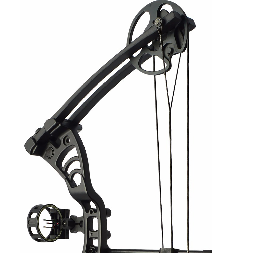 Лук блочный, рукоять алюминий, плечи фиброглас, начальная скорость 296 фут/сек, сила 55Lbs, цвет чер