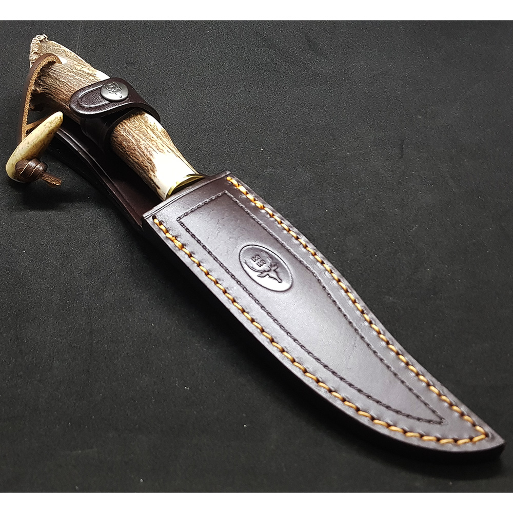 Нож "CAZ" с фикс клинком длиной 16 см, рукоять рог оленя с кроной, ножны кожа