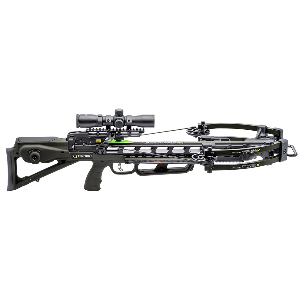Арбалет блочный TenPoint Turbo X, скорость 415 fps (126 м/с), ширина 13"/9,5" (33/24 см),  длина 33,25" (84,5 см), вес 3 кг, комплектация прицел прицел RangeMaster 100, кивер, 3 карбоновые стрелы 3 Pro Elite 400, цвет зеленый