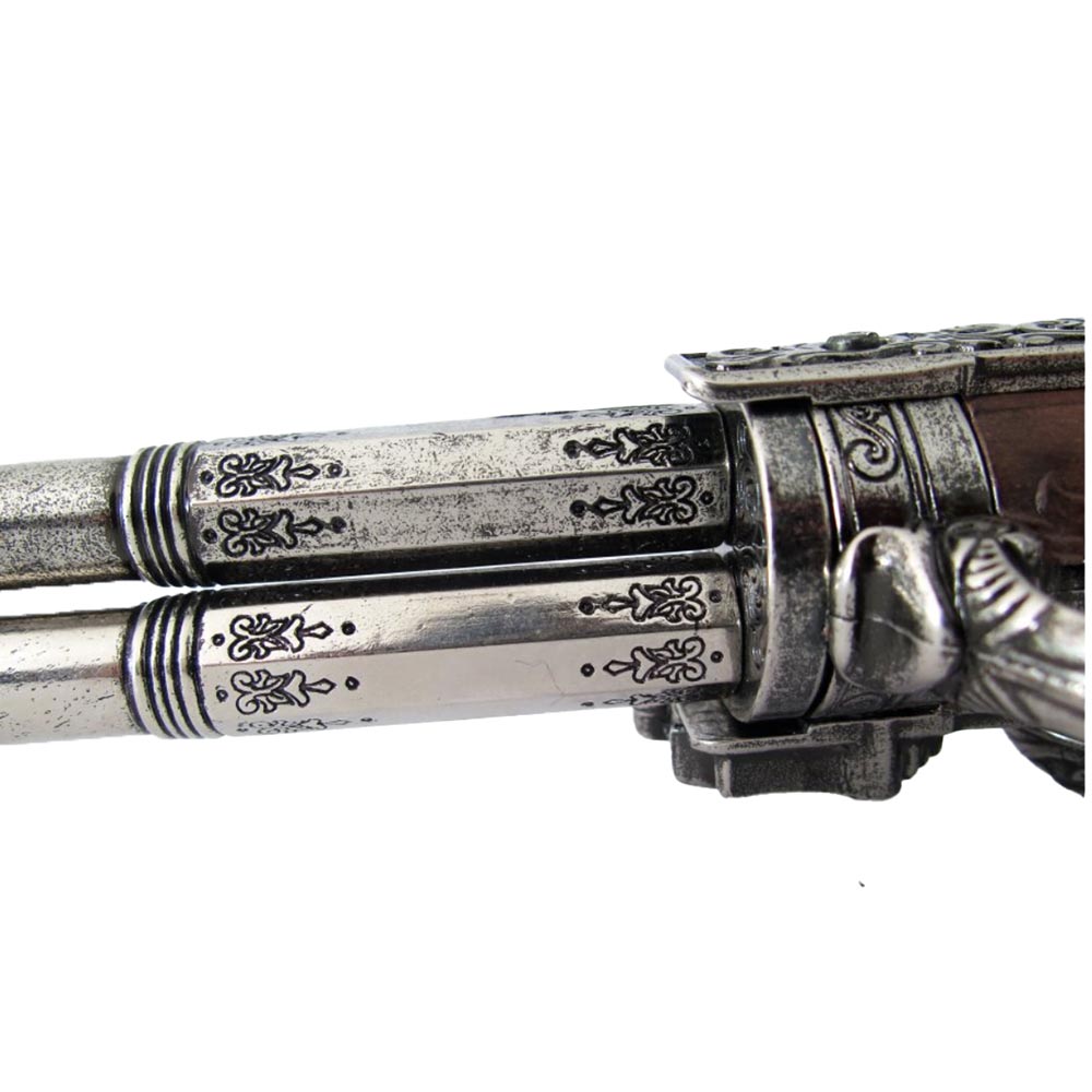 Пистолет кремневый двуствольный, репродукция с кремневым замком, из дерева и металла с имитацией гра