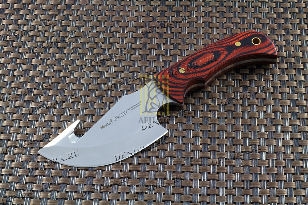 Нож-скиннер "GRIZZLY", клинок 12 см крюк, рукоять красная микарта, ножны кожа