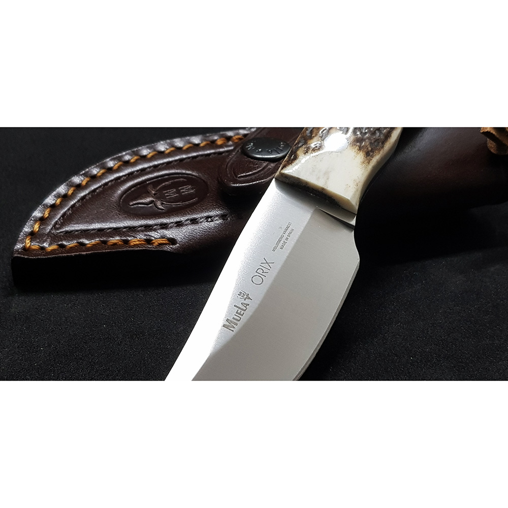 Нож-скиннер "ORIX", клинок 8 см, рукоять рог оленя, ножны кожа