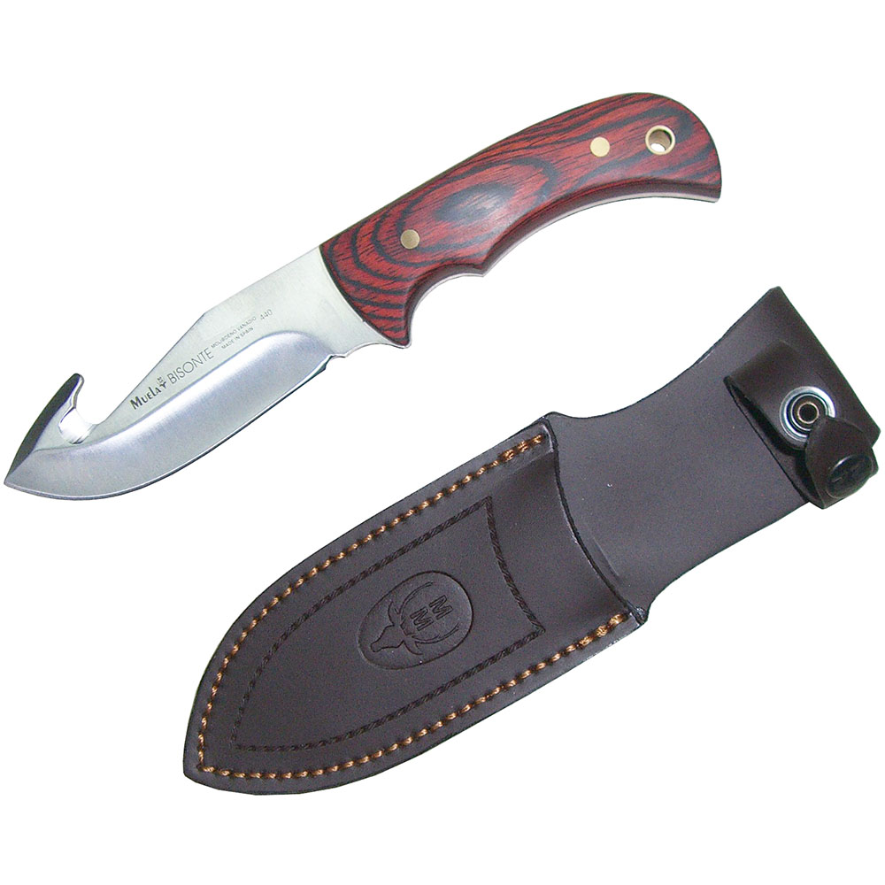 Нож-скиннер "BISONTE", клинок 11 см крюк, рукоять красная микарта, ножны кожа