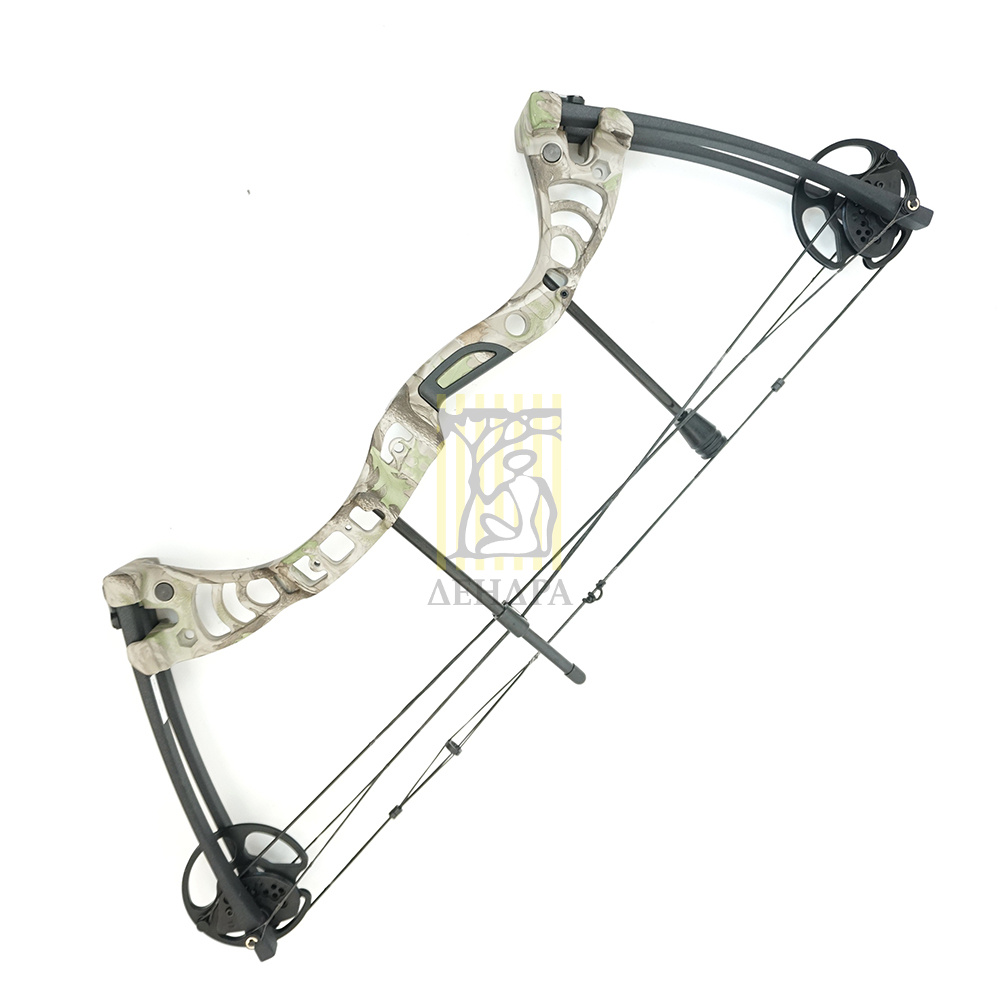 Лук блочный, рукоять алюминий, плечи фиброглас, начальная скорость 296 фут/сек, сила 55Lbs, цвет кам