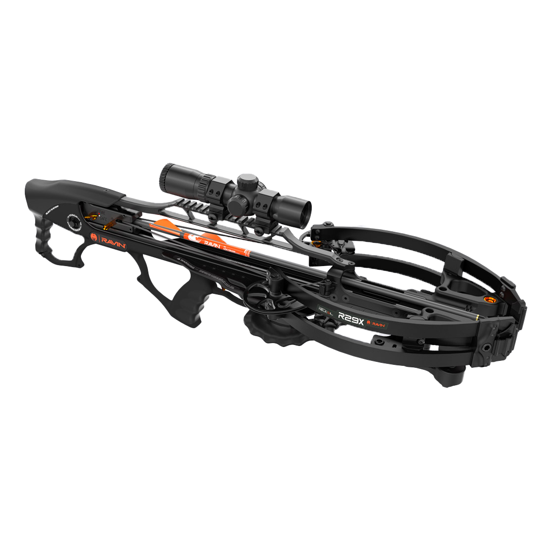 Арбалет Ravin R29X, скорость 137 м/с (450 ф/с);  натяжение 81,6 кг (180 lbs); Вес 3 кг; Длина: 74 см (29 дюйм); Ширина между осями (взведенный): 15,2 см (6 дюйм); Ширина между осями (невзведенный): 26,7 см (10,5 дюйм); ход тетивы: 32 см (12,5 дюйм