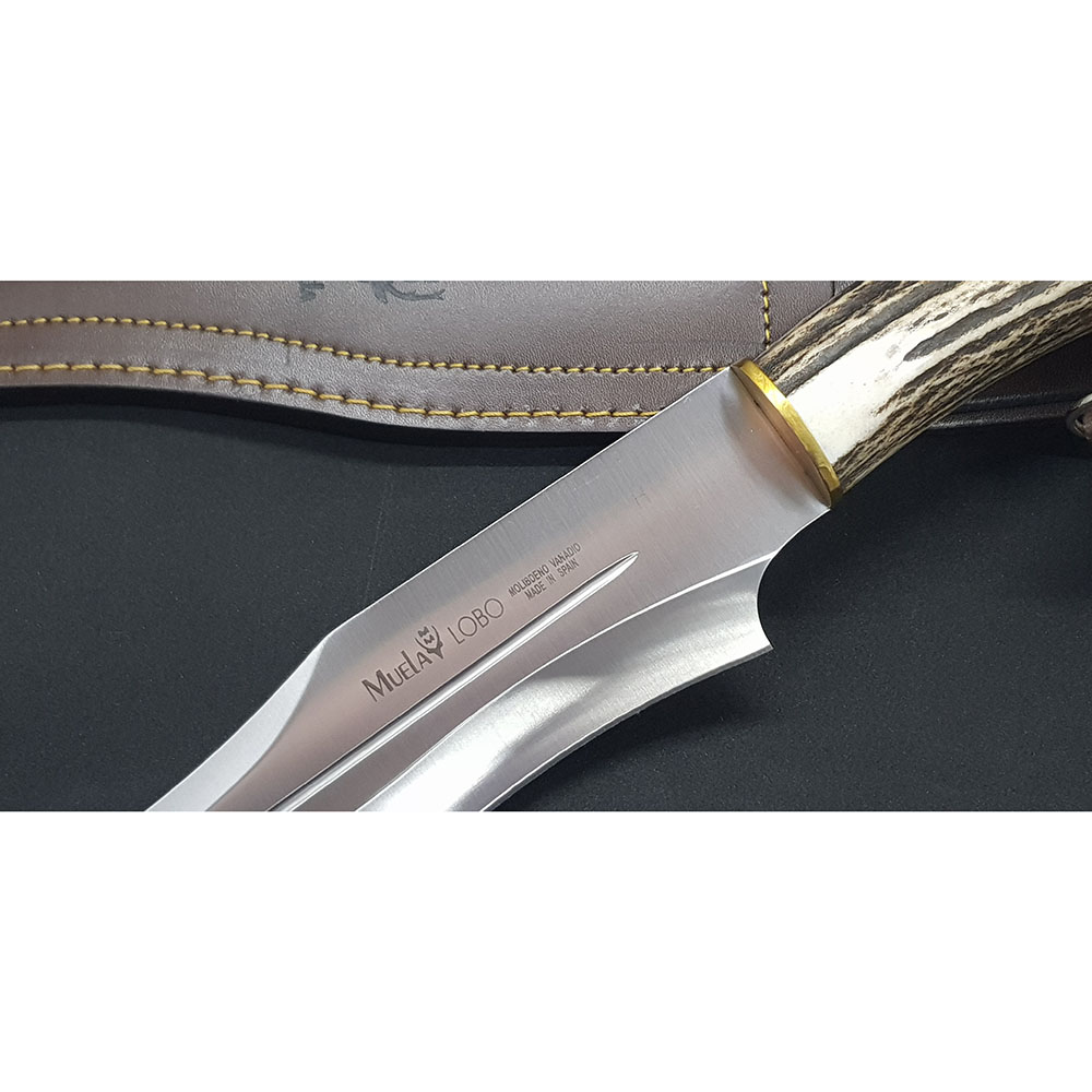 Нож "LOBO" с фикс клинком длиной 23 см, рукоять рог оленя, ножны кожа