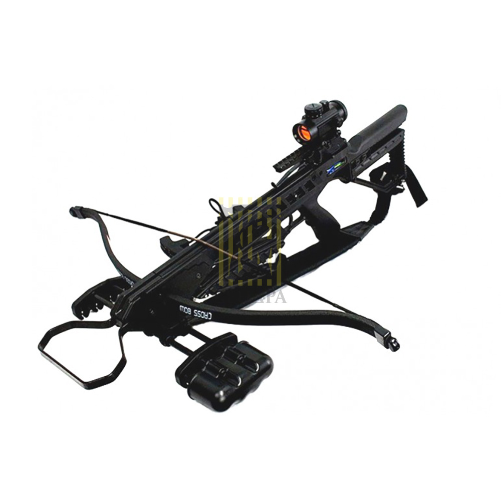 Арбалет рекурсивный, начальная скорость 245 фут/сек, размах плечей 26", длина натяжения 10,5", сила