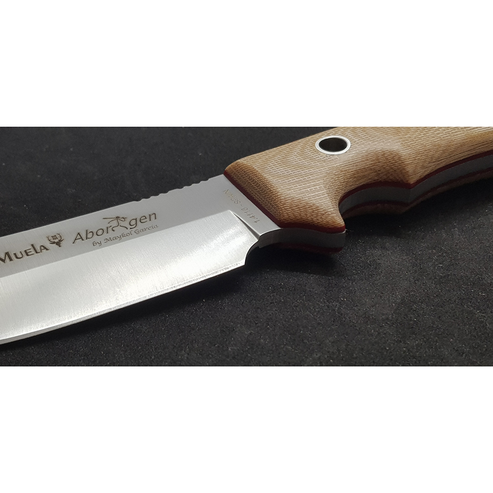 Нож "ABORIGEN" с фикс клинком длиной 12 см, рукоять коричневая микарта (canvas-micarta), ножны кожа