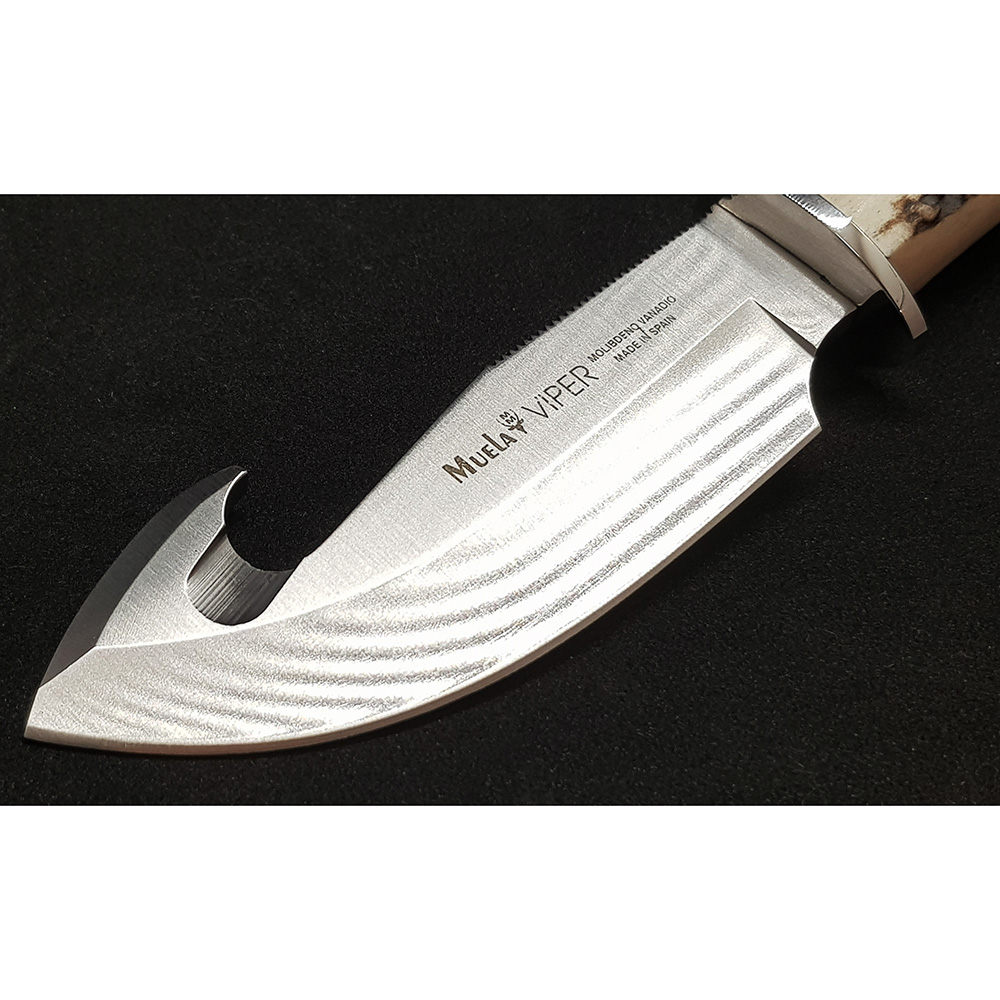 Нож-скиннер "VIPER", клинок 11 см крюк, рукоять рог оленя, ножны кожа