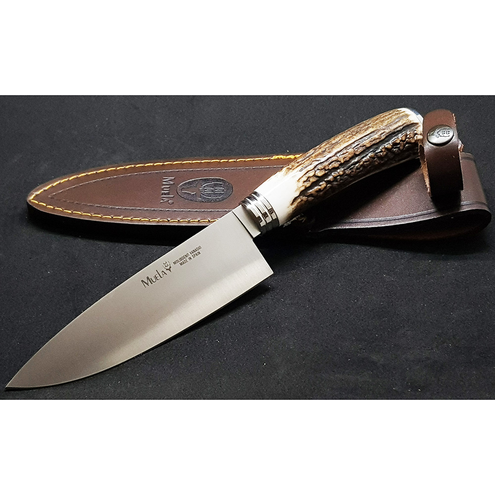 Нож серии "CS" с фикс клинком длиной 15 см, рукоять рог оленя, ножны кожа