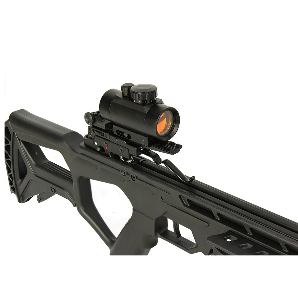 Арбалет рекурсивный, начальная скорость 260 фут/сек, размах плечей 27,5", длина натяжения 12", сила 