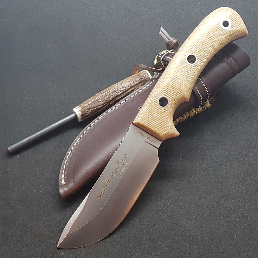 Нож "ABORIGEN" с фикс клинком длиной 12 см, рукоять коричневая микарта (canvas-micarta), ножны кожа