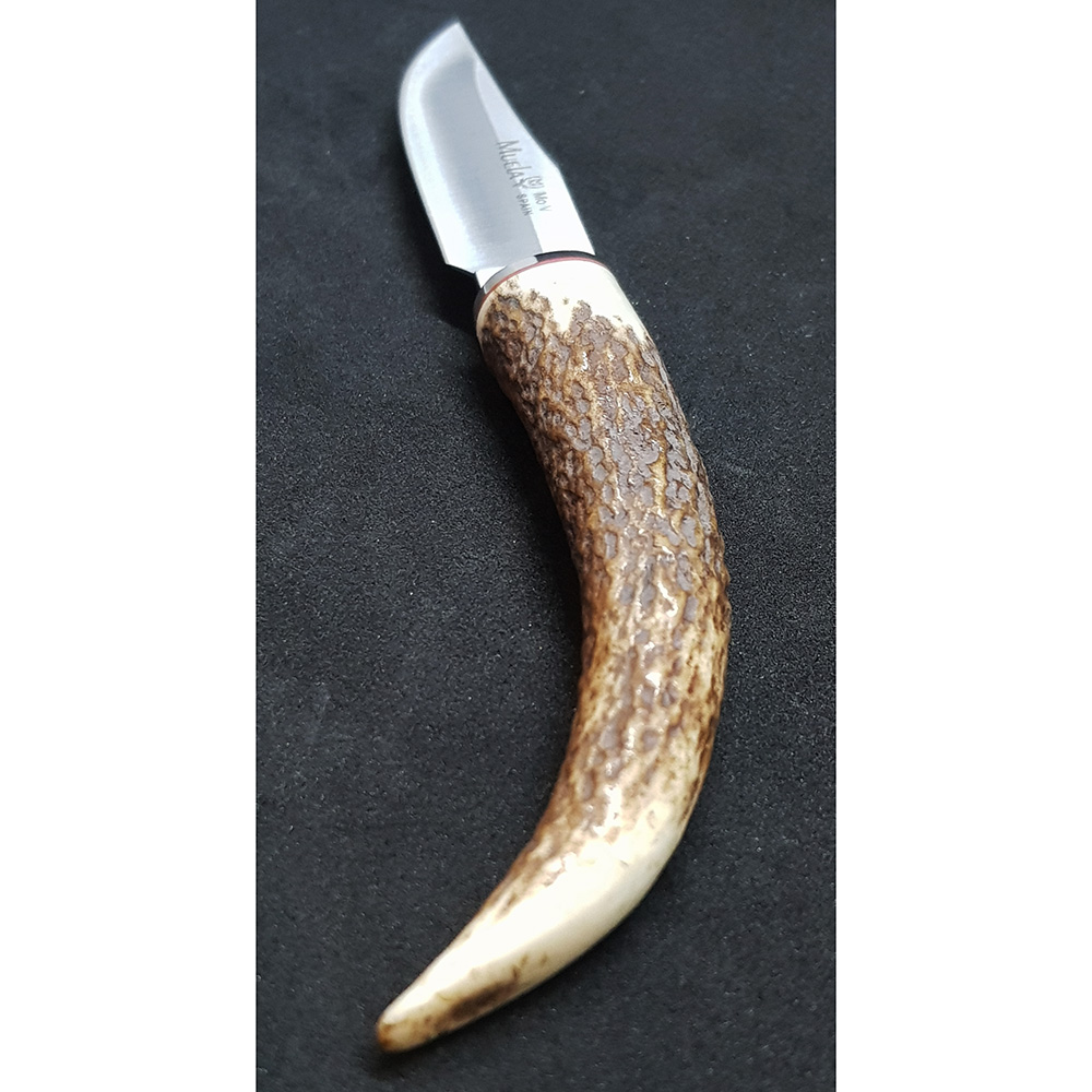 Нож "BOWIE" с фикс клинком длиной 6 см, рукоять рог оленя, ножны кожа