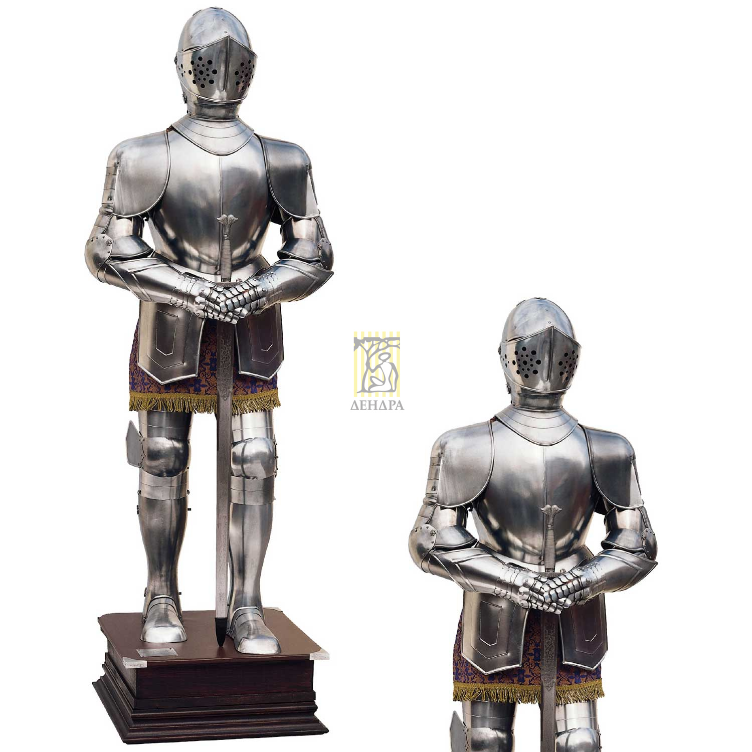 Доспехи рыцарские боевые, Xii века, в полный рост, на деревянном постаменте, высота 200 см, материал