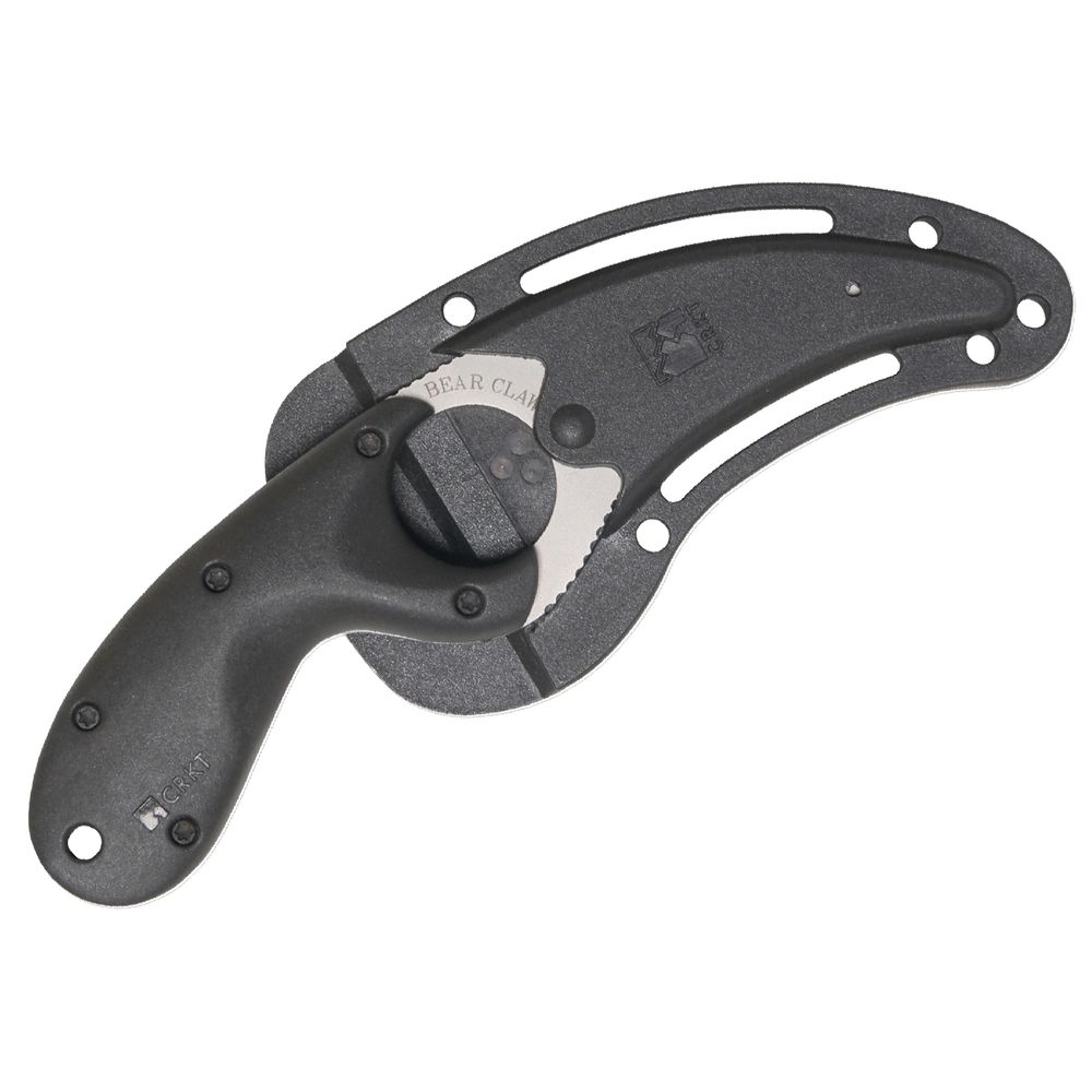 Нож Медвежий Коготь - закругл матовый клинок, зубцы, сталь AUS4, рук. черн.зитель, пласт.ножны, шнур