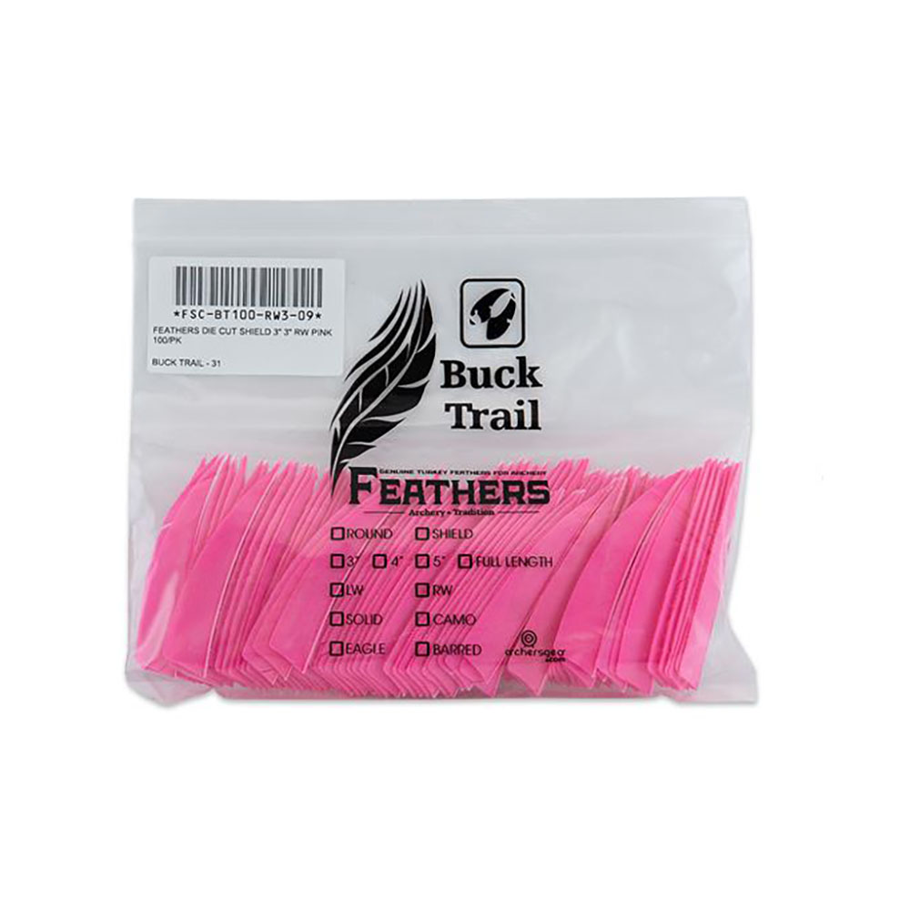 Оперение натуральное для стрел, форма Shield, размер 3", левое, цвет розовый, производитель Buck Tra