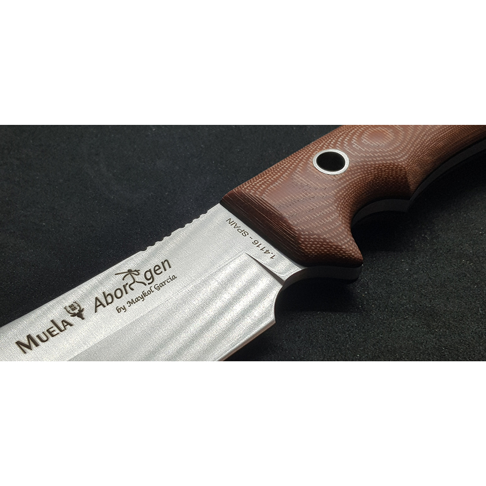 Нож "ABORIGEN" с фикс клинком длиной 12 см, рукоять бежевая микарта (canvas-micarta), ножны кожа