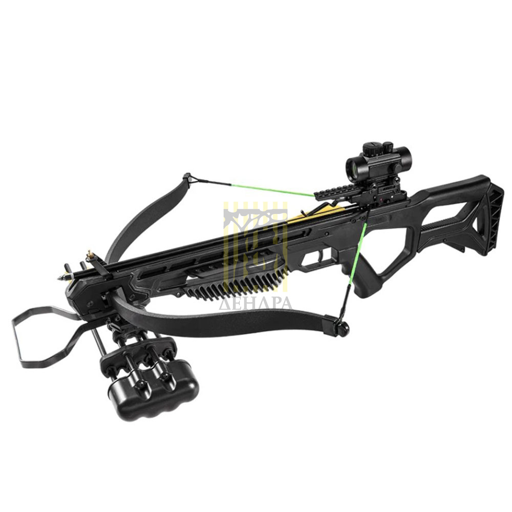Арбалет рекурсивный, начальная скорость 260 фут/сек, размах плечей 27,5", длина натяжения 12", сила 